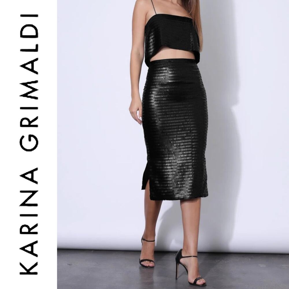 Karina Grimaldi | S | Hayve Black Shingle Sequin High Side Slits Midi Skirt